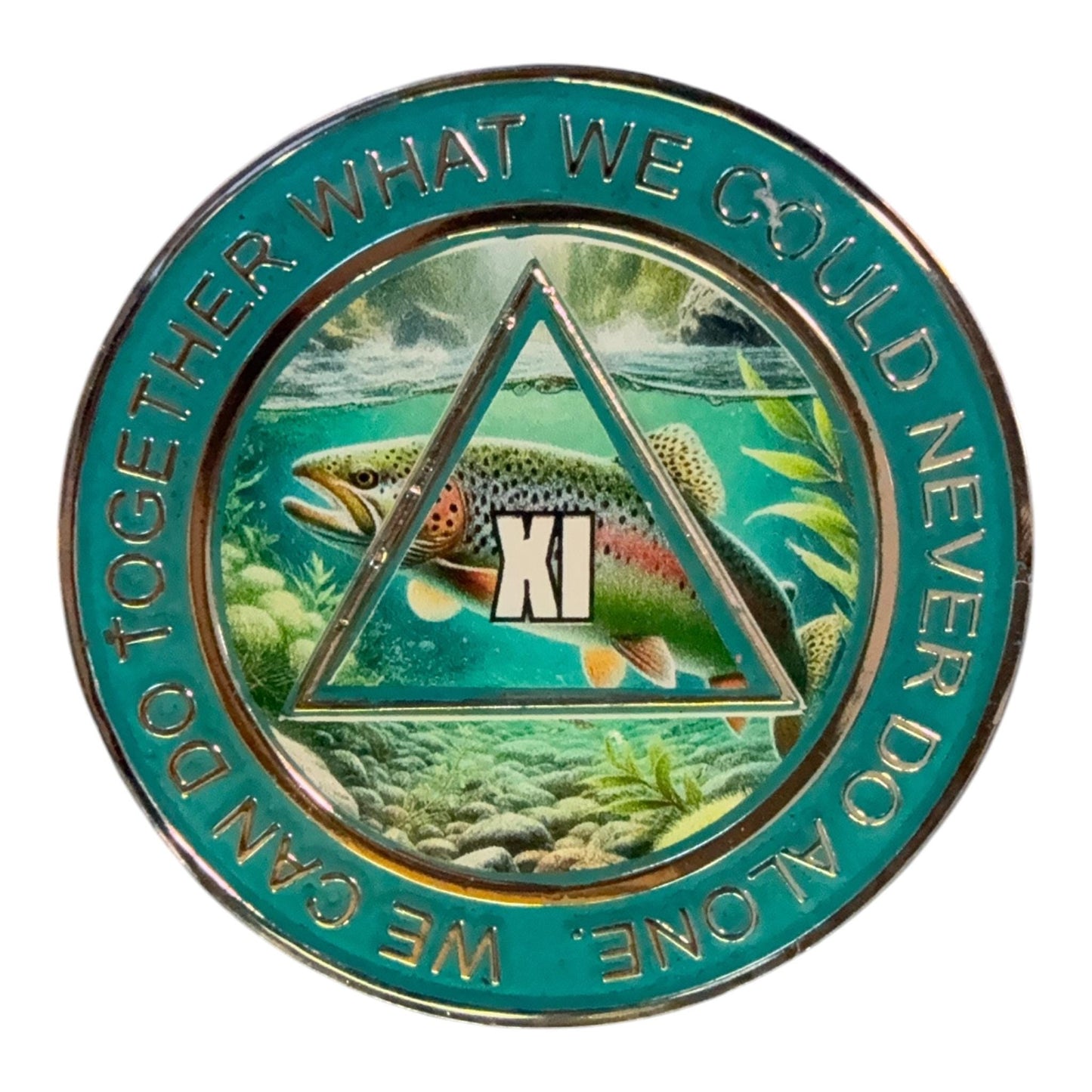 Rainbow Trout AA Recovery Medallion – Nature Sobriety Chip with Serenity Prayer Back