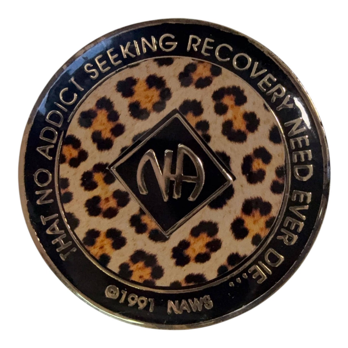 Leopard Print NA Recovery Medallion 34mm – Narcotics Anonymous Sobriety Chip – Custom Color Clean Time Gift