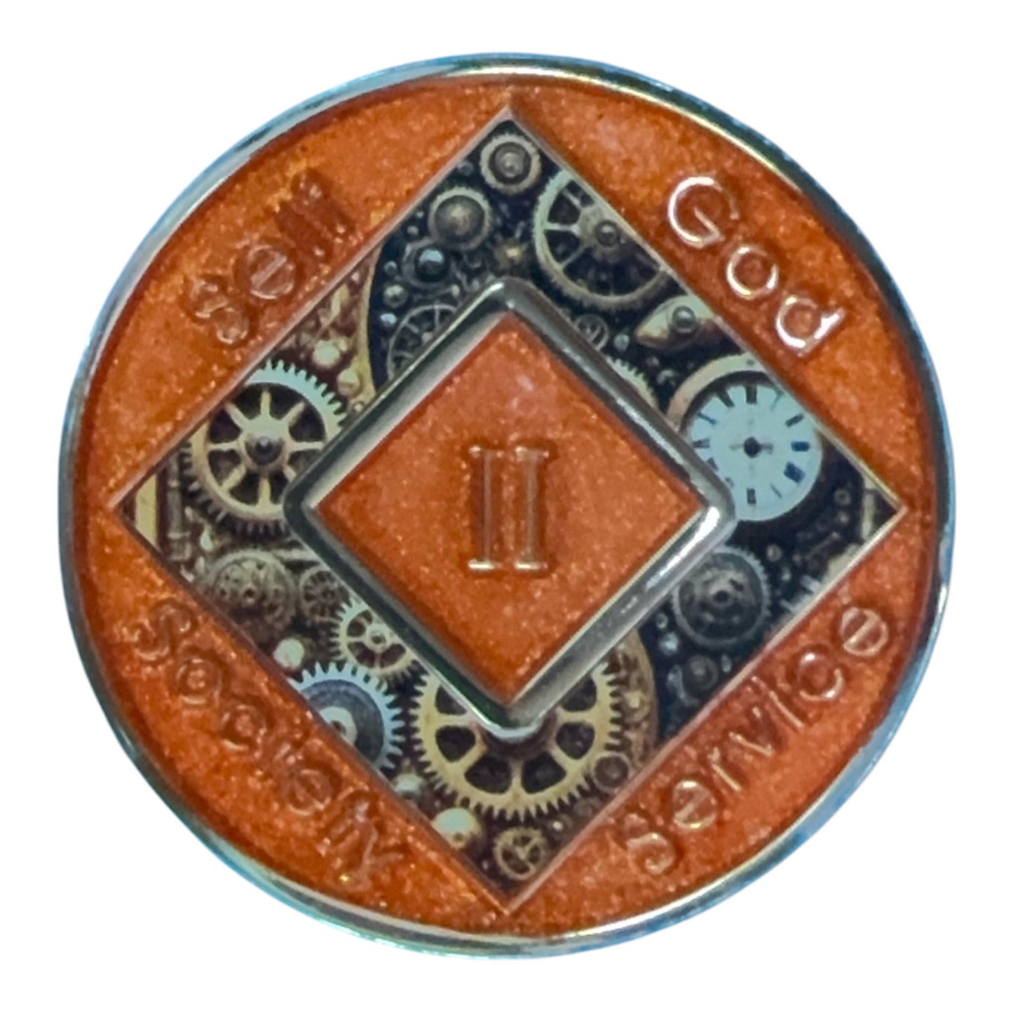 Steampunk NA Medallion: Orange Gear Design Sobriety Recovery Chip