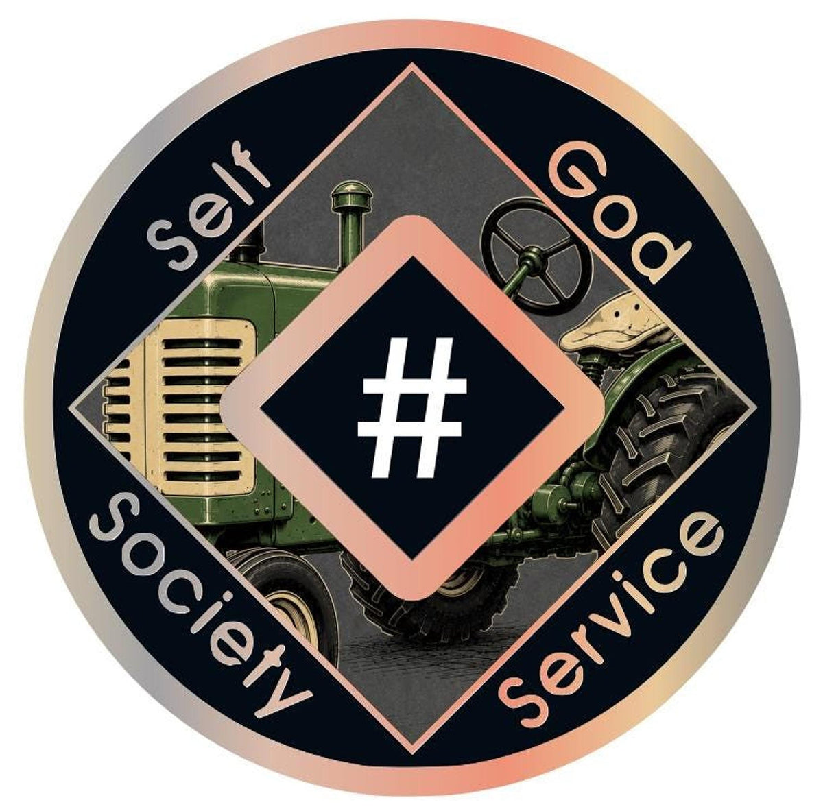 The reverse side of the recovery medallion featuring a vintage tractor, a center diamond with a hashtag, and the words Self, God, Society, and Service.