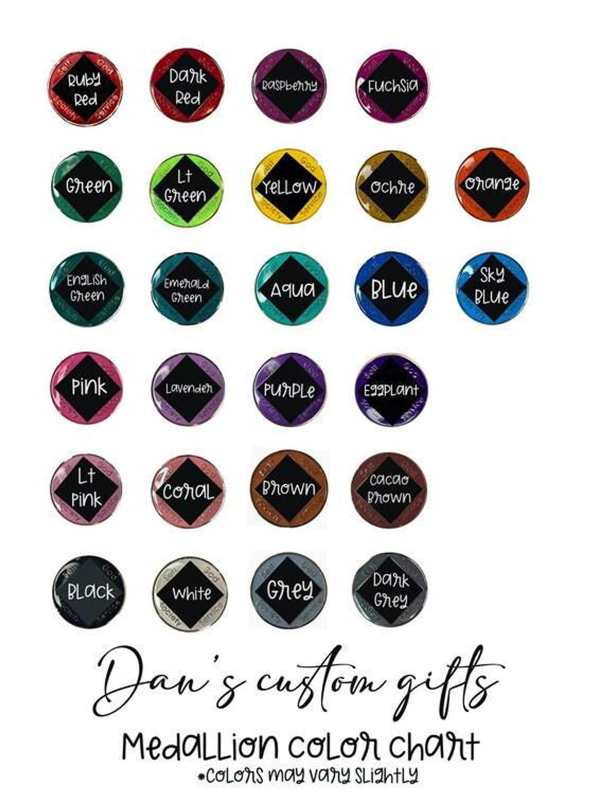 A color chart displaying circular medallion color options labeled with names like Ruby Red, Green, Aqua, Blue, Pink, and Black.